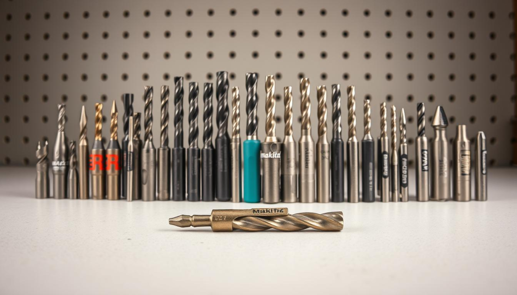 A well-lit, high-resolution image showcasing a diverse array of Makita drill bits arranged in an organized, visually appealing manner. The foreground features the Makita drill bit set prominently displayed on a clean, neutral background, highlighting the precision and quality of the individual bits. The middle ground includes a selection of other leading drill bit brands placed alongside the Makita set, allowing for a clear side-by-side comparison. The background subtly suggests a workshop or toolbox environment, providing context without distracting from the main focus. Crisp, even lighting from multiple angles accentuates the metallic finishes and textures of the drill bits, conveying a sense of durability and craftsmanship. The overall composition strikes a balance between technical detail and visual appeal, creating an image that effectively illustrates the comparative review.