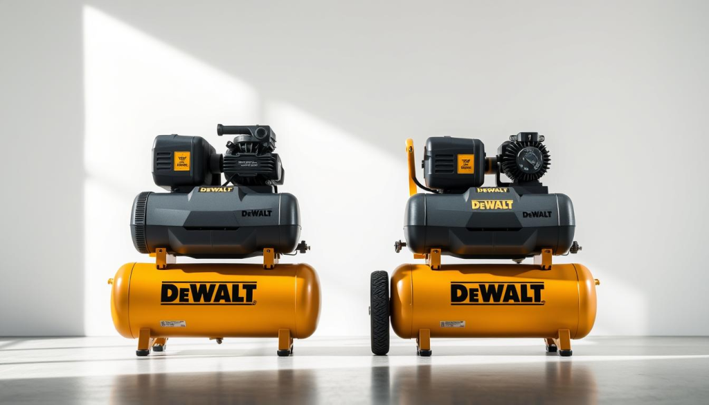 A well-lit, high-resolution image showcasing a side-by-side comparison of two DeWalt quiet air compressors. In the foreground, the DeWalt compressors are prominently displayed, with their sleek, modern designs and distinctive yellow accents. The compressors are positioned to highlight their size, shape, and key features, allowing viewers to easily compare and contrast the models. In the middle ground, a clean, minimalist background provides a neutral setting, allowing the compressors to be the central focus. Subtle shadows and reflections on the surfaces create depth and realism. The lighting is soft and natural, illuminating the compressors in a way that emphasizes their quiet, efficient operation. The overall mood is one of precision, professionalism, and technological sophistication, reflecting the high-quality engineering and design of the DeWalt brand.