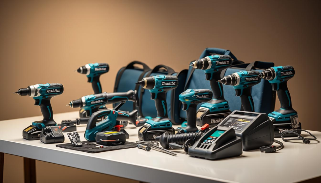 A well-lit, high-resolution image showcasing an assortment of Makita power tools and accessories, neatly arranged on a clean, professional-looking table. The tools should have a sleek, modern design and vibrant colors, with a focus on the Makita brand logo and any visible rebate information. The overall composition should convey a sense of organization, value, and the opportunity to save money through Makita's rebate program. The lighting should be soft and even, creating a warm, inviting atmosphere that emphasizes the quality and reliability of the Makita products. The background should be minimal, allowing the tools to be the central focus of the image.
