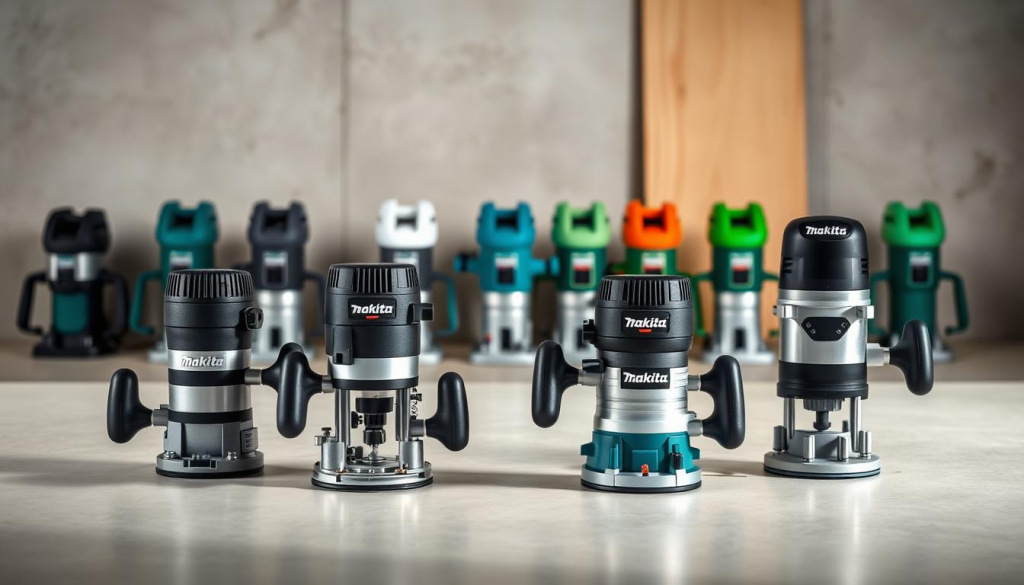A well-lit, high-resolution image showcasing an assortment of Makita trim routers. In the foreground, three models of varying sizes and features are arranged on a clean, neutral-toned surface, highlighting their distinct designs and functionalities. The middle ground features additional trim routers in a range of colors, including the classic Makita green, providing a comprehensive overview of the available options. The background is softly blurred, maintaining the focus on the devices. The image is captured at a slight angle, conveying a sense of depth and professionalism, with soft, even lighting accentuating the intricate details and sleek, modern aesthetics of the Makita trim routers.