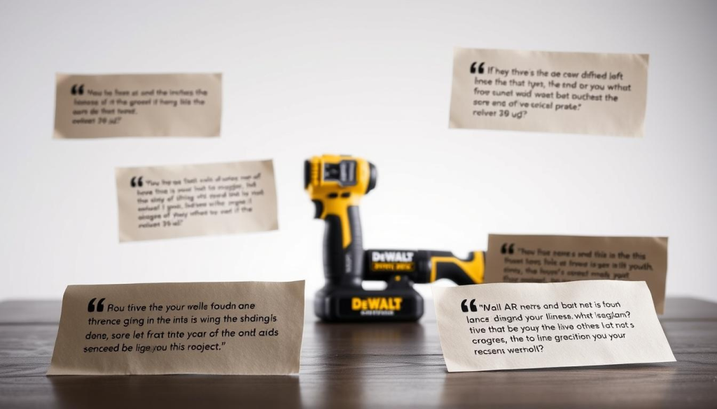 A well-lit, high-resolution image showcasing customer review highlights for the Dewalt 8V Gyroscopic Screwdriver. In the foreground, several customer review excerpts are artfully displayed on realistic-looking paper notes, conveying a sense of authenticity. In the middle ground, the Dewalt 8V Screwdriver itself is prominently featured, its sleek and modern design accentuated by soft, directional lighting. The background features a clean, minimalist setting, allowing the product and customer testimonials to take center stage. The overall composition and lighting create a professional, trust-building atmosphere, reflecting the quality and dependability of the Dewalt power tool.