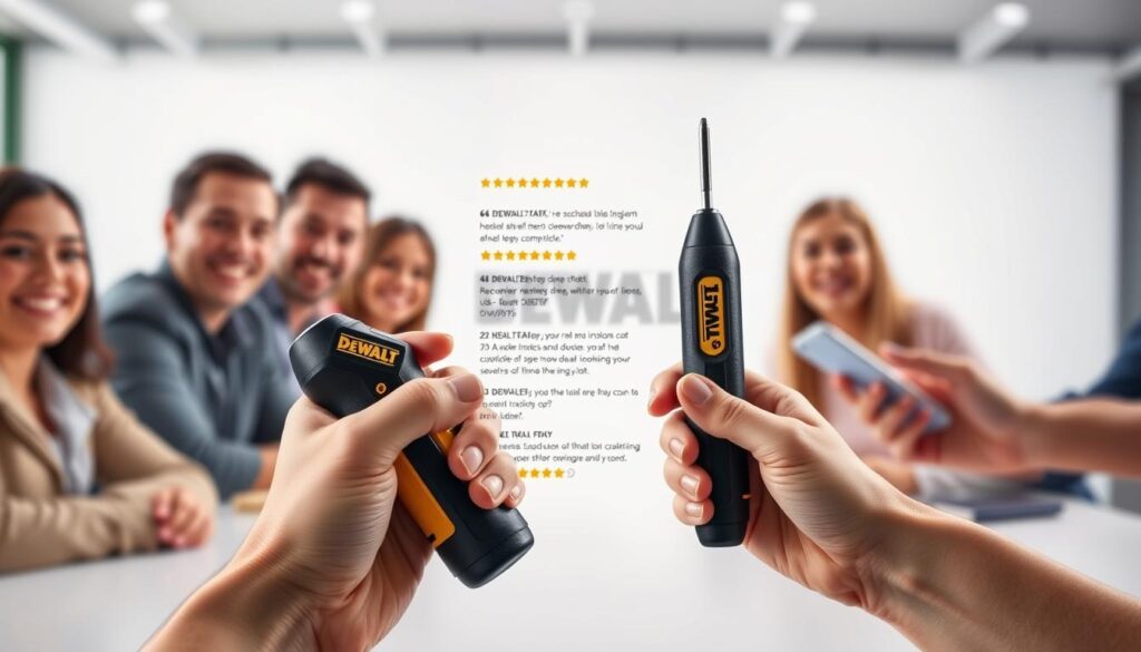 A well-lit, high-resolution image showcasing customer reviews of the DEWALT USB Screwdriver. In the foreground, a group of hands holding the screwdriver and enthusiastic expressions on customers' faces, conveying satisfaction and positive sentiment. The middle ground features an arrangement of user testimonials and star ratings displayed on a clean, minimalist background. In the background, a soft, blurred DEWALT logo or branding elements, establishing the product's identity. The overall scene exudes a professional, trustworthy, and user-centric atmosphere, capturing the essence of the "Customer Reviews and Testimonials" section.