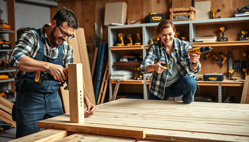 A well-lit, high-resolution image showcasing the impact of DEWALT 20V power tools on both professionals and DIYers. In the foreground, a skilled tradesperson effortlessly using a DEWALT 20V impact driver to assemble a sturdy wooden structure, their movements precise and efficient. In the middle ground, a passionate DIYer enthusiastically tackling a home renovation project with a DEWALT 20V cordless drill, their face beaming with accomplishment. The background depicts a well-equipped workshop, shelves stocked with a range of DEWALT 20V power tools, conveying the versatility and reliability that has made the brand a trusted choice among both professionals and enthusiasts alike. The overall scene radiates a sense of productivity, empowerment, and the transformative impact of DEWALT's 20V platform.