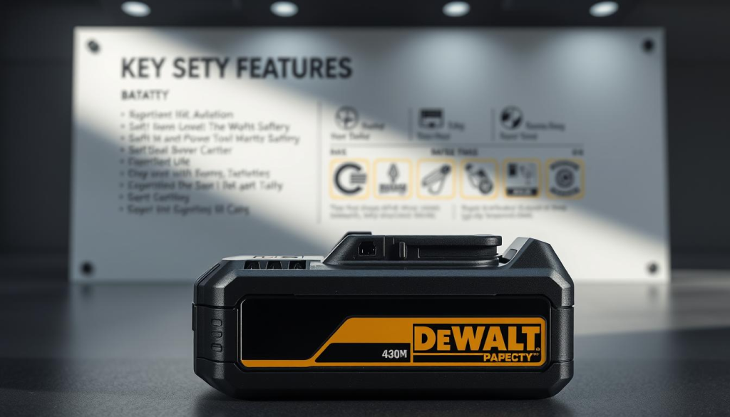 A well-lit, high-resolution image showcasing the key safety features of a DeWalt power tool battery. The battery is the focal point, displayed in the foreground with a sleek, modern design. In the background, a clean, minimalist environment highlights the battery's technical specifications and safety certifications. Subtle shadows and soft lighting create a sense of depth and emphasize the battery's sturdy construction. The overall mood is one of professionalism, reliability, and attention to safety standards, reflecting the importance of responsible power tool usage.