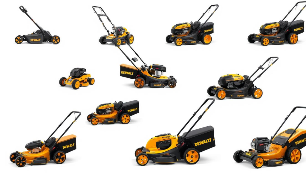 A well-lit, high-resolution image showcasing the latest DEWALT lawn mower models against a clean, neutral background. The mowers are arranged in a visually appealing, symmetrical layout, allowing the viewer to easily compare their distinctive features and designs. The models range from compact, battery-powered options to larger, gas-powered units, catering to a variety of lawn care needs. The mowers are depicted with a sense of quality and durability, reflecting DEWALT's reputation for producing reliable power tools. The image is captured with a wide-angle lens, providing a comprehensive view of the lineup while maintaining sharp focus and crisp details throughout.