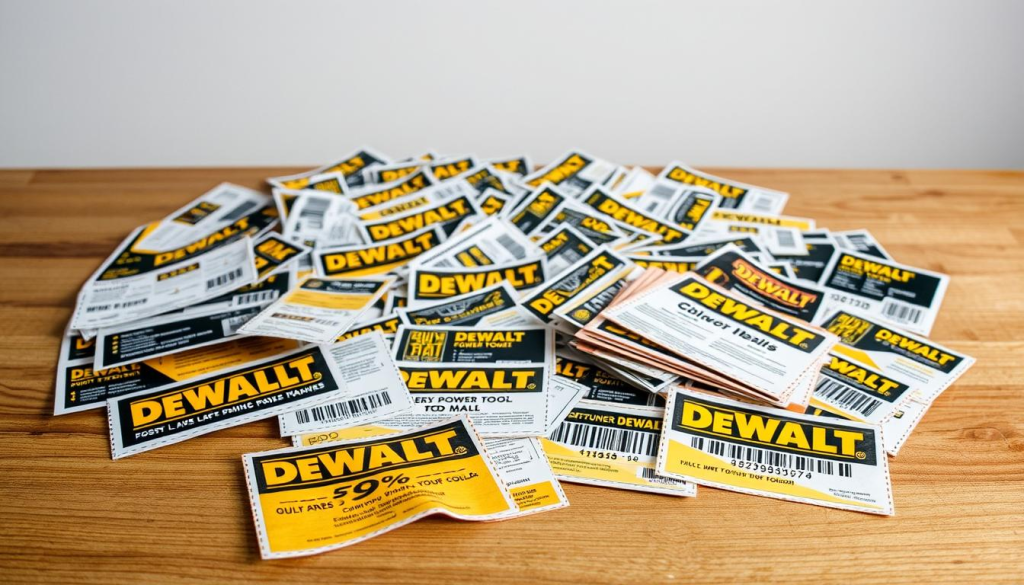 A well-lit, high-resolution photo of an assortment of DEWALT power tool coupons and promo codes scattered on a wooden table. The coupons are in various sizes and shapes, with bold DEWALT branding and promotional offers. In the foreground, a few coupons are slightly crumpled, adding a sense of authenticity. The middle ground features several coupons overlapping, creating an organized yet dynamic composition. In the background, a clean, neutral backdrop allows the coupons to be the central focus. The lighting is soft and diffused, highlighting the textures and details of the coupons. The overall mood is one of professionalism and accessibility, inviting the viewer to explore the available savings.