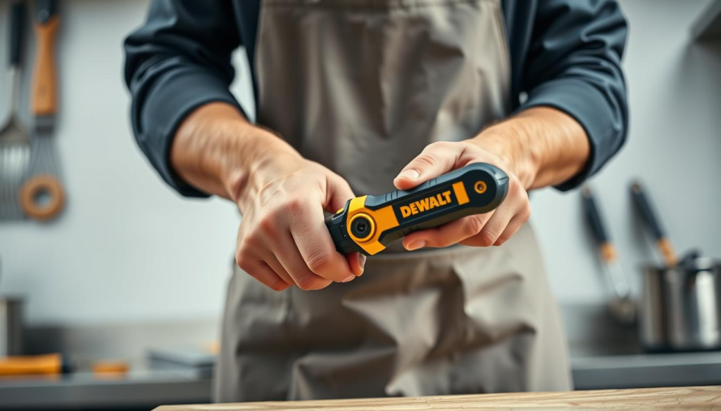 A well-lit, high-resolution photograph of a DEWALT utility knife being held and handled with care in a professional kitchen setting. The knife is showcased against a clean, neutral background, with the user's hands demonstrating proper grip and safety techniques. The focus is on the knife's durable construction and the user's attentive, measured movements. Subtle hints of kitchen tools and appliances in the background suggest the practical, everyday use of this DEWALT knife. The image conveys a sense of confidence, precision, and the importance of responsible tool handling.