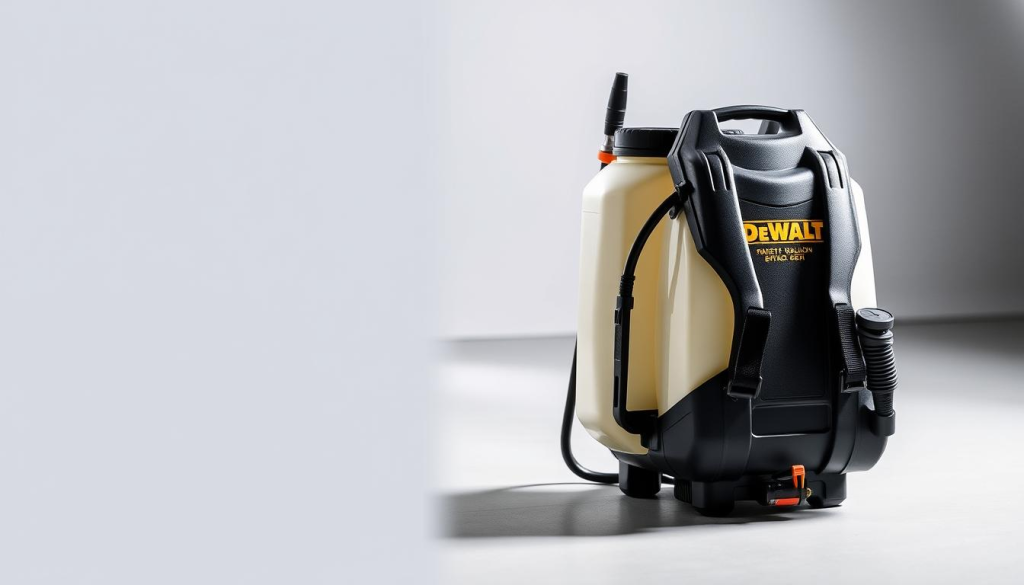 A well-lit, high-resolution photograph of a DeWalt 4-gallon backpack sprayer, showcasing its versatile and efficient design. The sprayer is positioned in the foreground, with a clean, softly blurred background that highlights its industrial aesthetic. The lighting casts subtle shadows, accentuating the sprayer's sturdy construction and attention to detail. The image captures the sprayer's compact size and ergonomic features, conveying its suitability for a wide range of pest control applications. The overall tone is professional and informative, suitable for illustrating the "Versatility in Applications" section of the article.