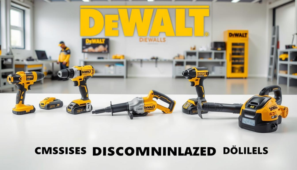 A well-lit, high-resolution photograph of a DeWalt 40V power tool lineup, showcasing the discontinued models. The foreground features a selection of 40V tools, including a drill, a reciprocating saw, and a leaf blower, all presented in a clean, minimalist arrangement. The middle ground highlights the reasons behind the discontinuation, such as changing market demands, technological advancements, and shifts in customer preferences. The background depicts a clean, modern workshop setting, with subtle hints of the DeWalt brand identity, creating a cohesive and visually appealing composition.