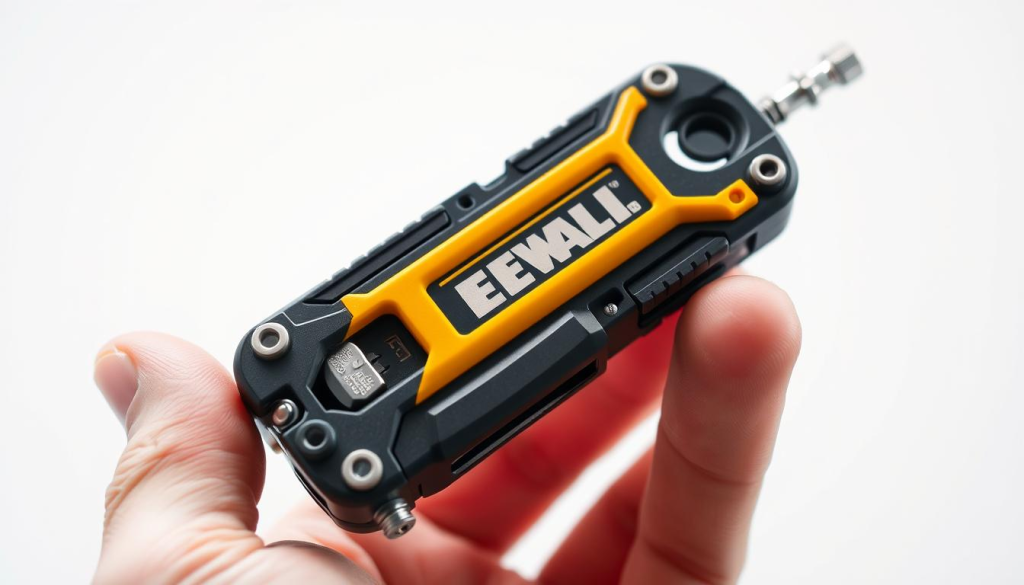 A well-lit, high-resolution photograph of a Dewalt 5-in-1 multi-tool held in a person's hand, showcasing its various functions. The tool is shown in the foreground, with the background fading to a clean, white setting to emphasize the subject. The image captures the tool's versatility, with clear views of the screwdriver bits, bottle opener, wire stripper, and other key components. The lighting is soft and natural, highlighting the tool's sleek, industrial design. The overall mood is one of efficiency and practicality, reflecting the compact convenience of the Dewalt 5-in-1 multi-tool.