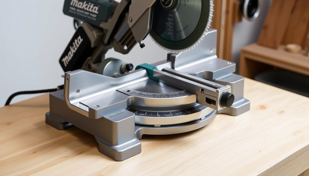 A well-lit, high-resolution photograph of a Makita 10-inch Dual-Bevel Sliding Compound Miter Saw, placed on a clean, neutral-colored workbench. The saw is positioned at a slight angle, showcasing its sleek, ergonomic design with a brushed metal finish. The blade guard is retracted, revealing the precision blade and bevel adjustment mechanisms. The miter and bevel scales are clearly visible, highlighting the saw's user-friendly controls. The saw's dust collection system is also prominently featured, demonstrating its efficient job-site cleanup capabilities. The image conveys a sense of professionalism and attention to detail, reflecting the saw's suitability for both DIY projects and professional woodworking applications.