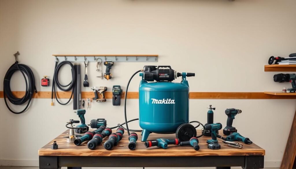 A well-lit, high-resolution photograph of a Makita MAC2400 air compressor setup on a sturdy workbench. The compressor is placed in the center foreground, its sleek blue and black body gleaming under the soft, even lighting. Various air hoses, fittings, and attachments are neatly organized around the compressor, suggesting a professional, efficient workspace. The middle ground features a selection of Makita power tools, hinting at the compressor's versatility in powering a range of DIY and construction projects. In the background, a clean, uncluttered space with neutral-toned walls and minimal decor, creating a calm, focused atmosphere conducive to productive work.