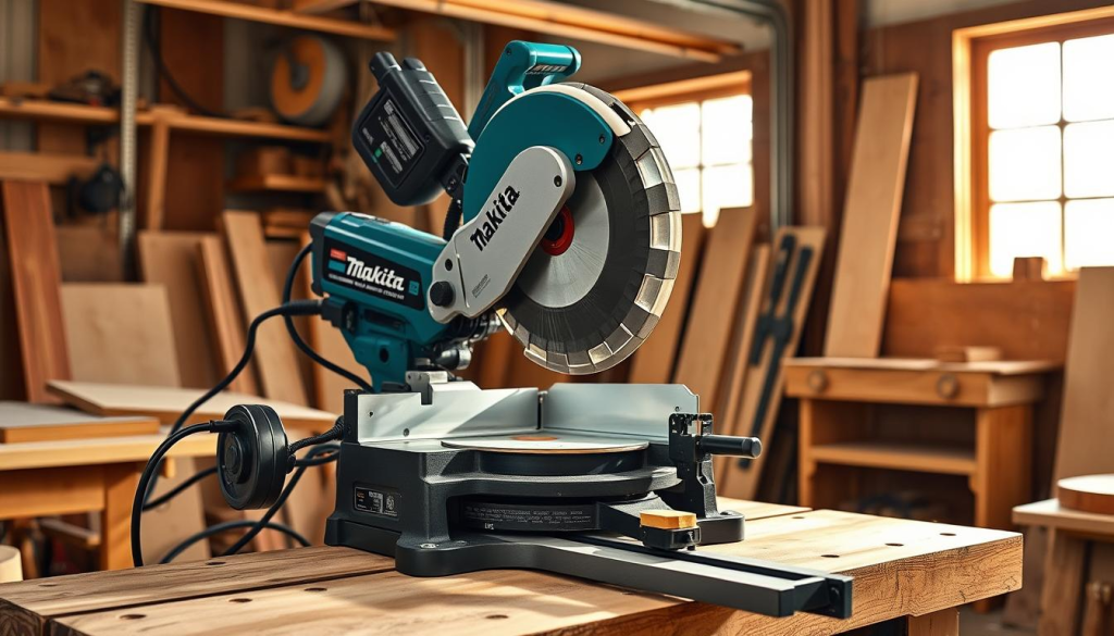 A well-lit, high-resolution photograph of a Makita miter saw setup in a professional woodworking workshop. The saw is positioned on a sturdy workbench, with a precision-aligned fence and adjustable stops for accurate angle cuts. The blade is fully extended, casting a sharp, focused shadow on the workbench surface. Wooden workpieces and tools are neatly arranged around the saw, suggesting an organized and efficient workspace. The lighting is a combination of natural daylight from nearby windows and warm, directional studio lighting, creating a balanced, professional atmosphere. The camera angle is slightly elevated, providing a clear, unobstructed view of the entire setup.