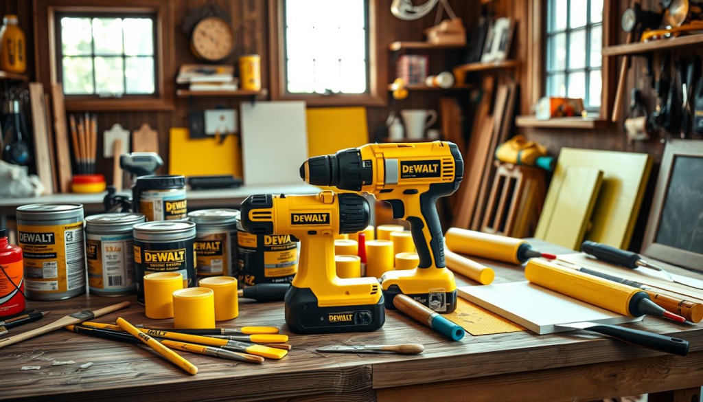 A well-lit, high-resolution photograph of a bright yellow DEWALT power drill, paintbrushes, and various DIY tools on a wooden workbench. The foreground features the power tool in the center, surrounded by paint cans, rollers, and other hardware essentials. The middle ground showcases assorted DIY projects in varying stages of completion, all adorned with the distinct DEWALT yellow hue. The background depicts a cozy, sun-drenched workshop setting, with natural light filtering through large windows and casting a warm glow over the scene. The overall composition conveys a sense of productivity, creativity, and the joy of hands-on home improvement using DEWALT's signature yellow paint.