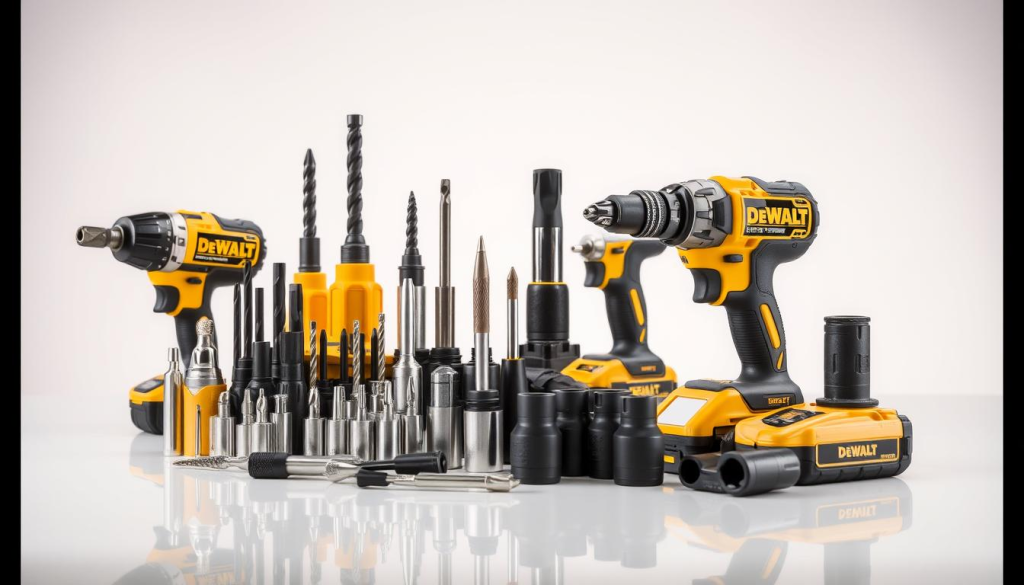 A well-lit, high-resolution photograph of a collection of DeWalt impact driver accessories, including various drill bits, screwdriver bits, socket adapters, and other accessories, arranged neatly on a clean, reflective surface. The accessories are showcased against a soft, neutral background, with careful attention to lighting and composition to highlight the quality and versatility of the DeWalt product line. The image conveys a sense of professionalism and the accessories' suitability for enhancing the performance of a DeWalt impact driver.