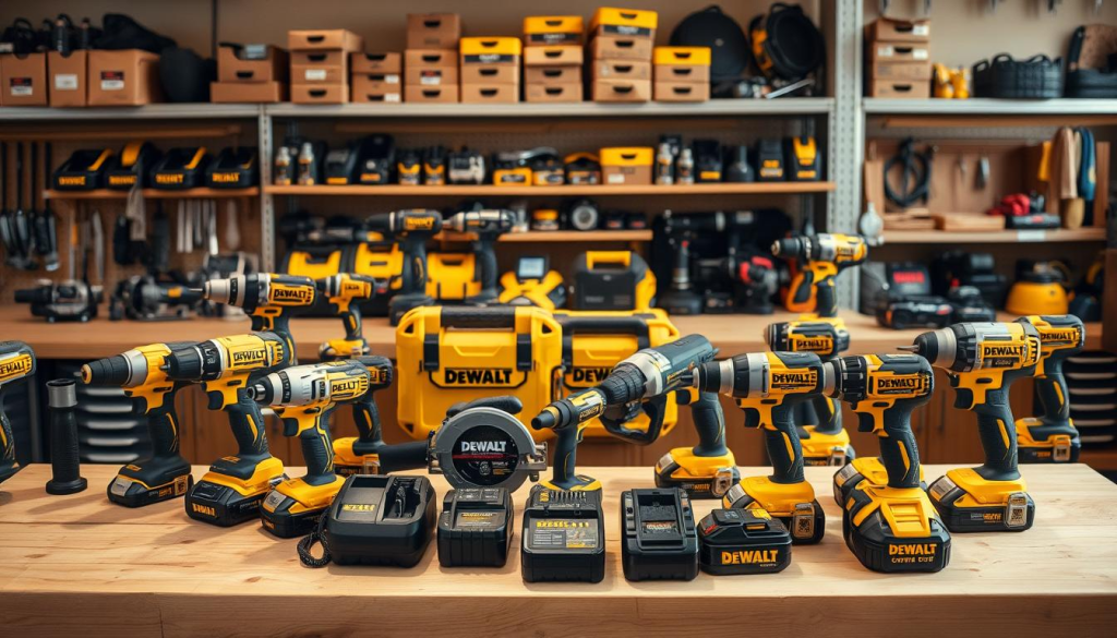A well-lit, high-resolution photograph of a comprehensive DEWALT power tools range displayed in a professional workshop setting. The foreground features a variety of DEWALT power tools, including drills, impact drivers, circular saws, and grinders, arranged neatly on a wooden workbench. The middle ground showcases a selection of DEWALT's cordless power tools, their sleek designs and battery packs prominently displayed. The background depicts the workshop environment, with shelves of additional DEWALT products and tools visible, creating a sense of depth and a professional, well-equipped workspace. The lighting is warm and natural, highlighting the quality and durability of the DEWALT brand.