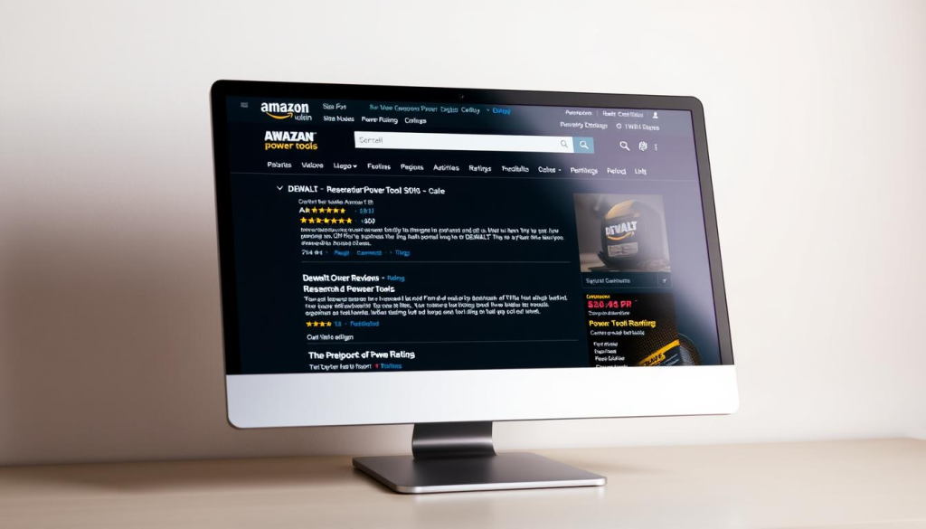 A well-lit, high-resolution photograph of a computer screen displaying the Amazon product page for DEWALT power tools, with a focus on the user reviews and ratings section. The image should have a professional, clean aesthetic, with a slightly warm color tone and soft shadows to create depth and emphasize the screen contents. The background should be a plain, neutral surface that allows the screen to be the primary focus. The angle should be slightly elevated, creating a subtle perspective and giving the impression of a user's point of view when researching DEWALT tools online.