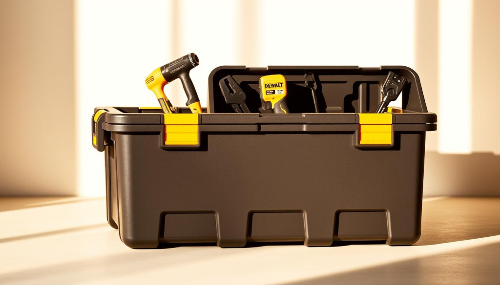 A well-lit, high-resolution photograph of a modern DEWALT yard tool storage container. The container is made of sturdy, weather-resistant plastic with a sleek, minimalist design. It features multiple storage compartments and a sturdy handle for easy transportation. The container is set against a clean, minimalistic background, with soft shadows and warm, natural lighting creating a sense of depth and dimension. The image showcases the container's versatility and practicality, highlighting its ability to neatly organize and store a variety of DEWALT yard tools, such as power tools, hand tools, and accessories.