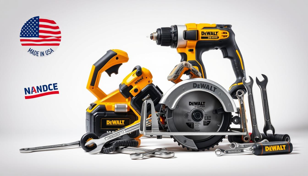 A well-lit, high-resolution photograph of a selection of DEWALT power tools and hand tools, including a cordless drill, a circular saw, and a set of wrenches, all displayed on a clean, neutral background. The tools should appear sturdy, high-quality, and proudly "Made in the USA," with a focus on showcasing the attention to detail and craftsmanship that goes into their manufacture. The lighting should be bright and natural, emphasizing the tools' metallic finishes and highlighting their precision engineering. The overall composition should be visually appealing and professional, conveying a sense of reliability, durability, and American-made pride.