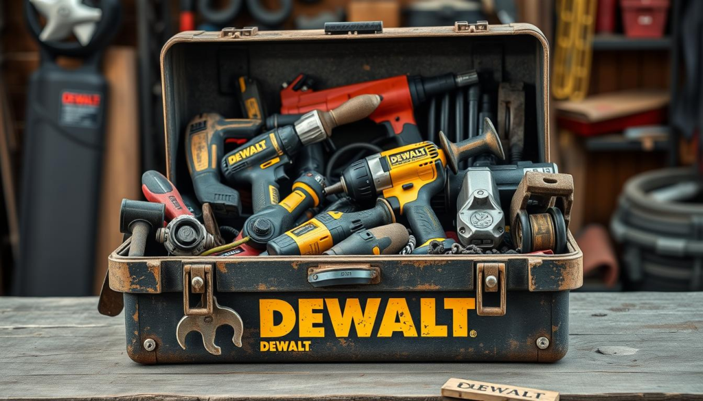 A well-lit, high-resolution photograph of a used DEWALT toolbox on a wooden workbench, filled with an assortment of second-hand DEWALT power tools, hand tools, and accessories. The tools are arranged neatly, showcasing their durability and quality. The toolbox has a distressed, worn appearance, hinting at its history of reliable service. The background is blurred, placing the focus on the detailed, gritty textures of the tools and the weathered surface of the workbench. The overall mood is one of rugged practicality and the satisfaction of a quality second-hand find.