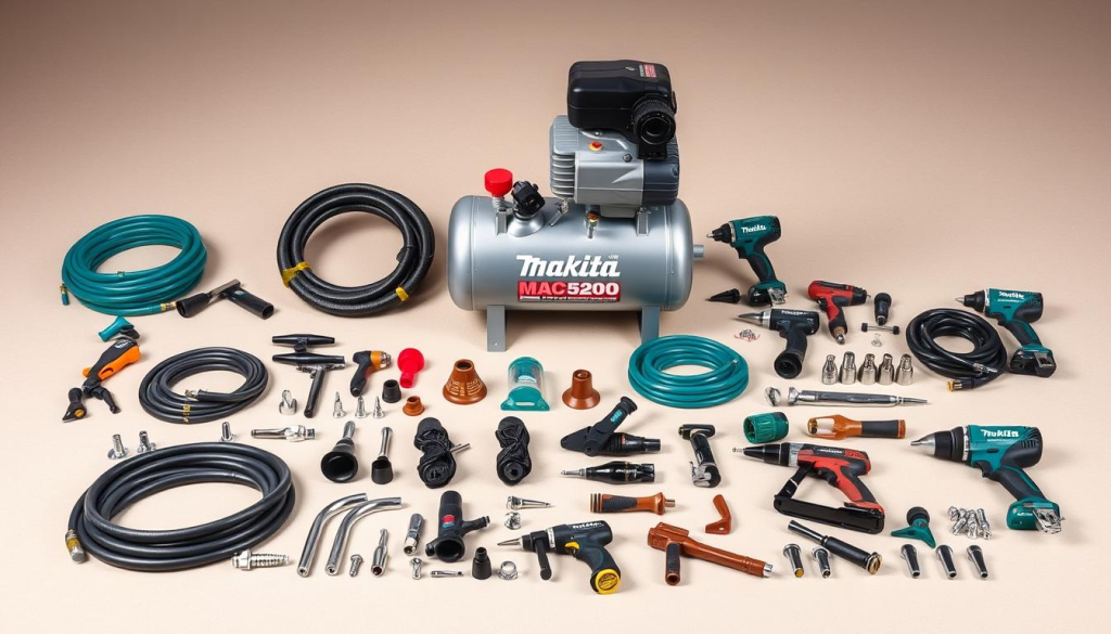 A well-lit, high-resolution photograph of an array of Makita MAC5200 air compressor accessories arranged on a clean, neutral-colored background. The foreground prominently features various air tools and attachments such as hoses, nozzles, inflation kits, and pneumatic nailers, all neatly displayed and showcasing their compatibility with the MAC5200 model. The middle ground includes the MAC5200 compressor itself, its sturdy metal casing and controls visible, while the background subtly hints at a workshop or garage setting, creating a sense of practicality and functionality. The overall composition is balanced, highlighting the accessories' versatility and the compressor's role as the central piece of this professional-grade air power system.