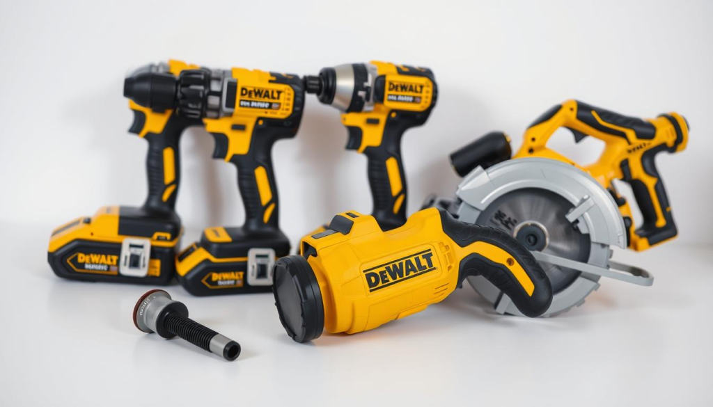 A well-lit, high-resolution photograph of an assortment of DeWalt power tools, including a drill, impact driver, and circular saw, arranged on a clean white surface. The tools are in the iconic DeWalt yellow color, with a matte finish that catches the light beautifully. The scene is captured from a slightly elevated angle, allowing the viewer to see the tools in their entirety, showcasing their sleek and sturdy design. The background is clean and uncluttered, allowing the tools to be the focal point of the image, highlighting their practical and versatile nature.