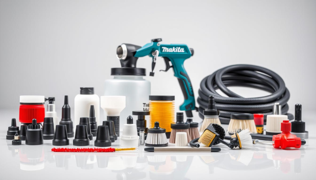 A well-lit, high-resolution photograph of an assortment of Makita paint sprayer accessories arranged on a clean, reflective surface. In the foreground, various nozzle tips, filters, and cleaning brushes are neatly displayed. In the middle ground, a Makita paint sprayer gun, extension wand, and hose are prominently featured, showcasing their sleek, modern design. The background features a soft, blurred studio backdrop, allowing the Makita accessories to be the central focus. The lighting is crisp and even, highlighting the materials and textures of the products. The overall mood is one of professionalism and attention to detail, reflecting the high-quality nature of the Makita brand.