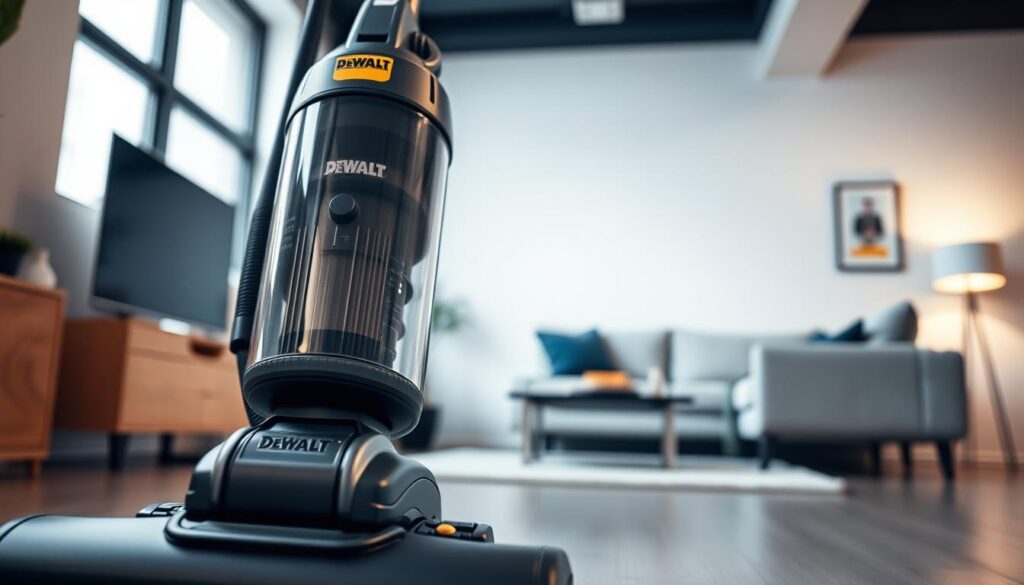 A well-lit, high-resolution photograph of the DeWalt upright vacuum in a modern, minimalist interior setting. The vacuum is the central focus, capturing its sleek and sturdy design. The foreground showcases the vacuum's powerful suction capabilities, with a clearly visible dust canister and filtration system. The middle ground features the vacuum's ergonomic handle and intuitive controls, highlighting its user-friendly design. The background suggests a clean, clutter-free living space, emphasizing the vacuum's ability to maintain a pristine environment. Soft, directional lighting creates depth and emphasizes the vacuum's metallic accents, while a shallow depth of field keeps the focus on the subject. The overall mood is one of efficiency, reliability, and a seamless cleaning experience.