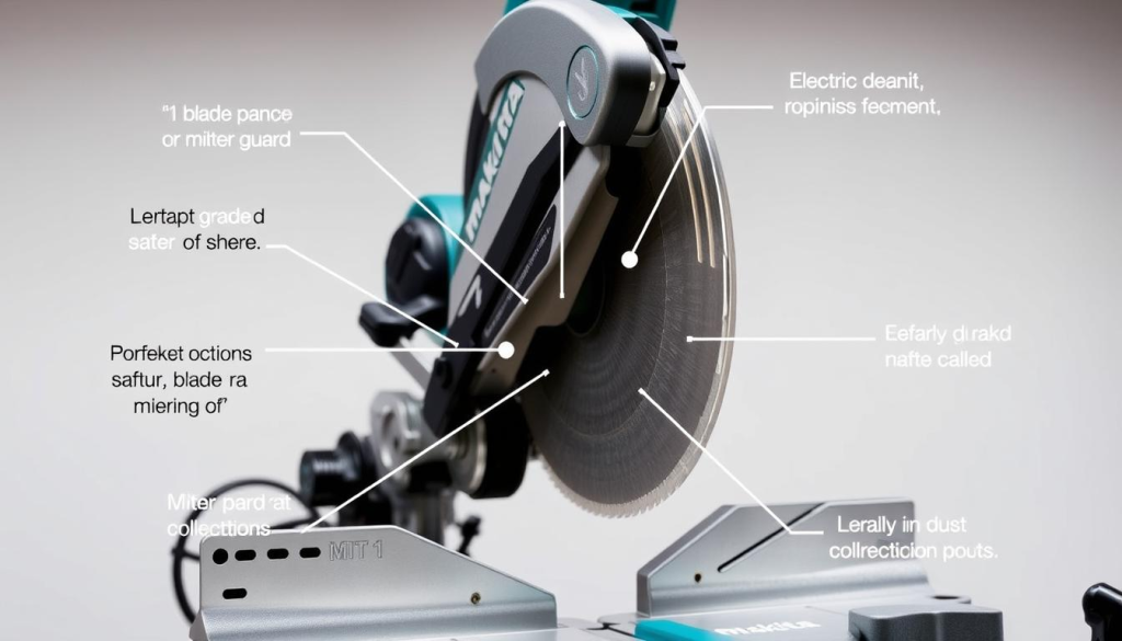 A well-lit, high-resolution photograph of the safety features on a Makita 12-inch miter saw. The image should clearly showcase the blade guard, miter detent override, electric brake, and dust collection port. Captured from a slightly elevated angle to provide a detailed, unobstructed view of the saw's control panel and safety mechanisms. The scene should have a clean, professional aesthetic with a neutral background that allows the saw's features to be the focal point. Lighting should be bright and evenly distributed to highlight the saw's modern, durable construction and sleek design.