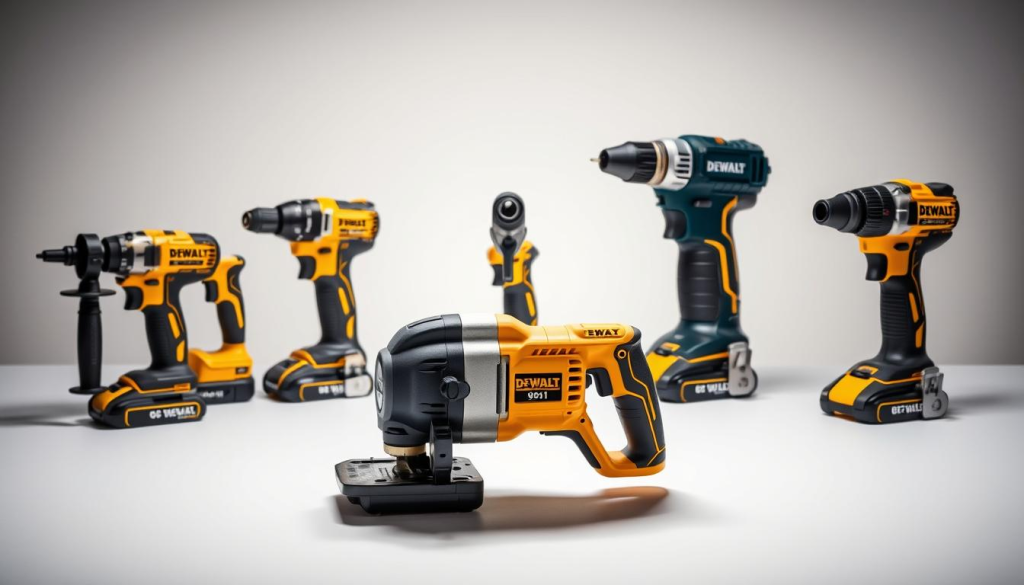 A well-lit, high-resolution product comparison image of the DEWALT 961 power tool, showcased against other DEWALT models. The 961 is prominently displayed in the foreground, with a clean, minimalist backdrop allowing the tool's features to take center stage. The middle ground includes the other DEWALT tools, arranged in a visually appealing manner to highlight their similarities and differences. The background subtly reinforces the DEWALT brand identity with muted tones and clean lines. Attention to detail is paramount, capturing the textural elements, sleek designs, and ergonomic qualities of each tool. The overall composition is balanced, professional, and designed to inform and engage the viewer.
