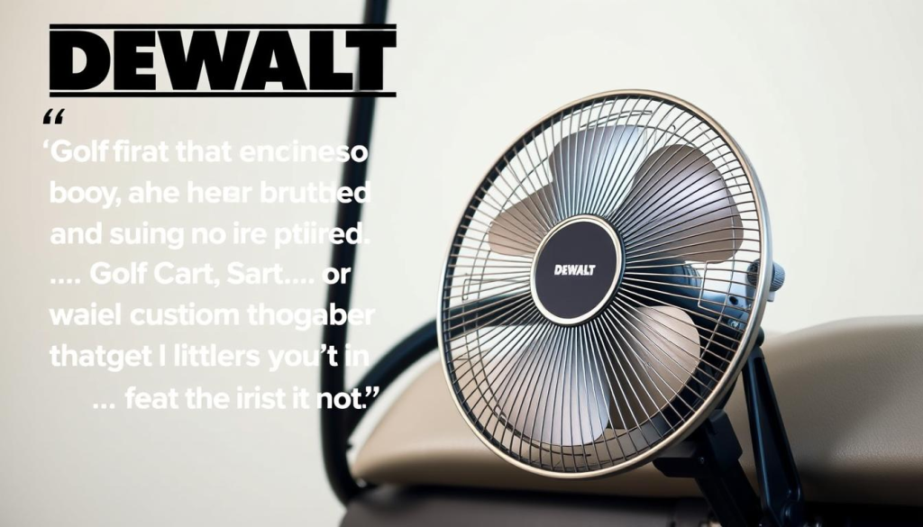 A well-lit, high-resolution product shot of a DEWALT golf cart fan. The fan is positioned in the foreground, with a clean, neutral background. The fan's sleek, brushed metal design is highlighted, showcasing its premium aesthetic. Soft, directional lighting accentuates the fan's contours, and a shallow depth of field draws the viewer's attention to the product. The image conveys a sense of quality, durability, and functionality, reflecting the positive customer reviews and testimonials for this golf cart accessory.
