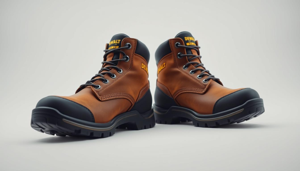 A well-lit, high-resolution product shot of a pair of Dewalt work boots on a clean, white background. The boots are prominently featured, capturing their rugged construction, sturdy tread, and prominent Dewalt branding. The lighting is soft and diffused, creating a clean, professional look that highlights the boots' materials and craftsmanship. The camera is positioned at a slight angle, providing a perspective that showcases the boots' form and design details. The overall mood is one of quality, durability, and the reliable performance that Dewalt is known for in the work boot market.