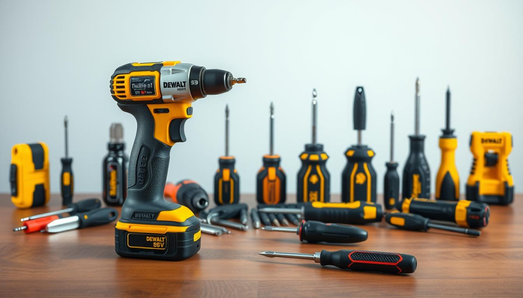 A well-lit, high-resolution studio photograph of an assortment of versatile screwdrivers placed on a wooden table, showcasing their distinct features and designs. In the foreground, the Dewalt 8V gyroscopic screwdriver stands out with its sleek, ergonomic body and unique gyroscopic mechanism. Surrounding it are several other popular screwdriver models, including a traditional Phillips-head screwdriver, a flat-head screwdriver, and a precision screwdriver set, allowing for a comprehensive comparison. The middle ground features a clean, uncluttered background that allows the screwdrivers to be the focal point, while the lighting is soft and balanced, highlighting the materials and textures of the tools. The overall mood is one of professional, informative evaluation, inviting the viewer to closely examine the distinct capabilities and differences between the screwdrivers.