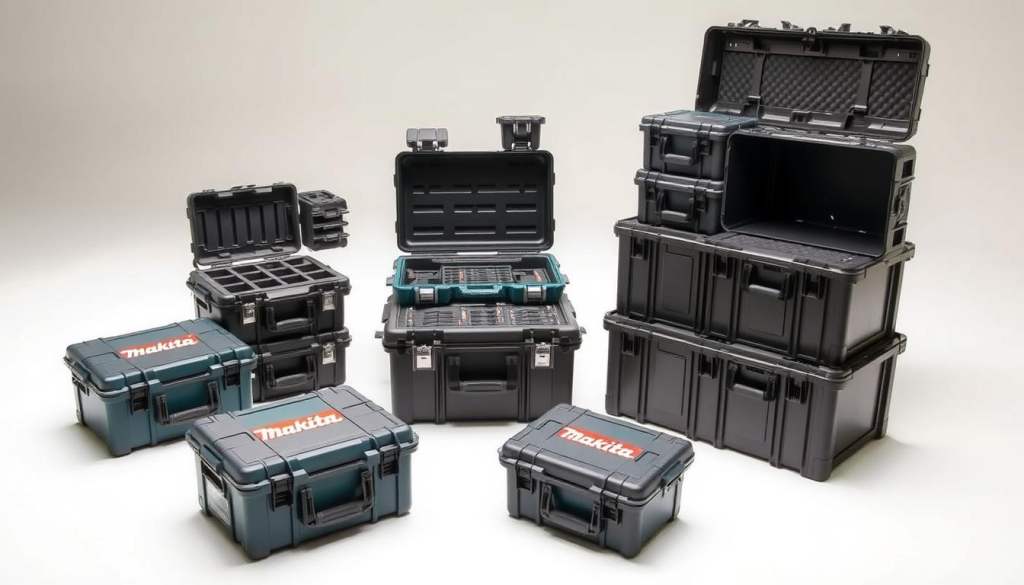A well-lit, high-resolution studio photograph showcasing an array of Makita MAKPAC storage solutions. The foreground features several MAKPAC cases in various sizes and colors, neatly arranged and open to display their customizable interiors. The middle ground shows the cases stacked and interlocked, demonstrating their modular design. In the background, a clean, minimalist studio setting with neutral tones and soft, diffused lighting accentuates the sleek, professional appearance of the MAKPAC products. The image conveys the versatility, durability, and organizational capabilities of the Makita MAKPAC system, making it an ideal visual representation for the "Where to Buy Makita MAKPAC Products" section of the article.