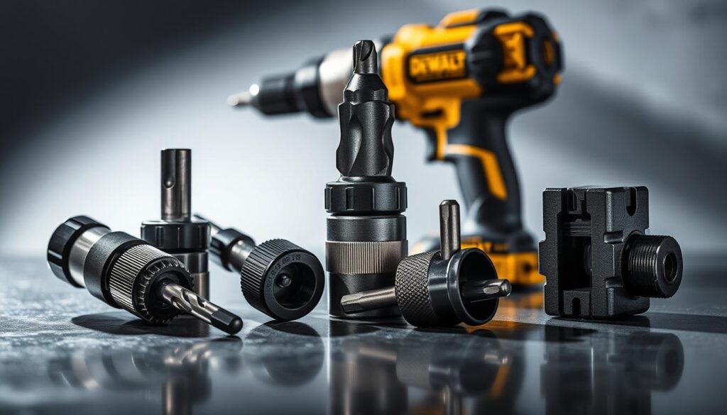 A well-lit, highly detailed close-up shot of various Dewalt impact driver accessories, including a set of drill bits, a magnetic bit holder, and a depth stop attachment. The accessories are arranged artfully on a reflective metal surface, with a clean, industrial background that showcases their sleek, rugged design. The lighting casts dramatic shadows, highlighting the textured surfaces and metallic finishes of the tools. The overall composition emphasizes the high-quality craftsmanship and precision engineering of the Dewalt impact driver accessories, reflecting their exceptional performance and durability.
