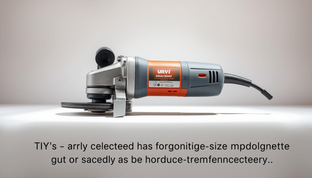 A well-lit, highly detailed, photorealistic image of an angle grinder on a neutral-colored surface. The grinder should be prominently displayed in the center, showcasing its size, construction, and key features. The lighting should emphasize the textures and materials, creating a sense of depth and dimensionality. The background should be clean and uncluttered, allowing the viewer to focus on the tool. The perspective should be slightly elevated, providing a clear and comprehensive view of the angle grinder. The overall composition should convey a sense of balance and visual interest, highlighting the importance of size considerations when choosing an angle grinder for DIY projects.