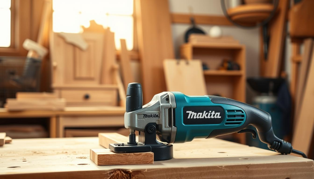 A well-lit home improvement workshop, with a Makita Flipper power tool prominently displayed on a workbench. The Flipper is being used to cut a piece of wood, showcasing its versatility and precision. Carefully crafted woodworking projects, such as a cabinet or shelving unit, are visible in the background, demonstrating the Flipper's ability to handle a variety of home improvement tasks. The scene is bathed in warm, natural lighting, creating a cozy and inviting atmosphere, reflecting the Makita Flipper's role as a reliable companion in DIY endeavors.