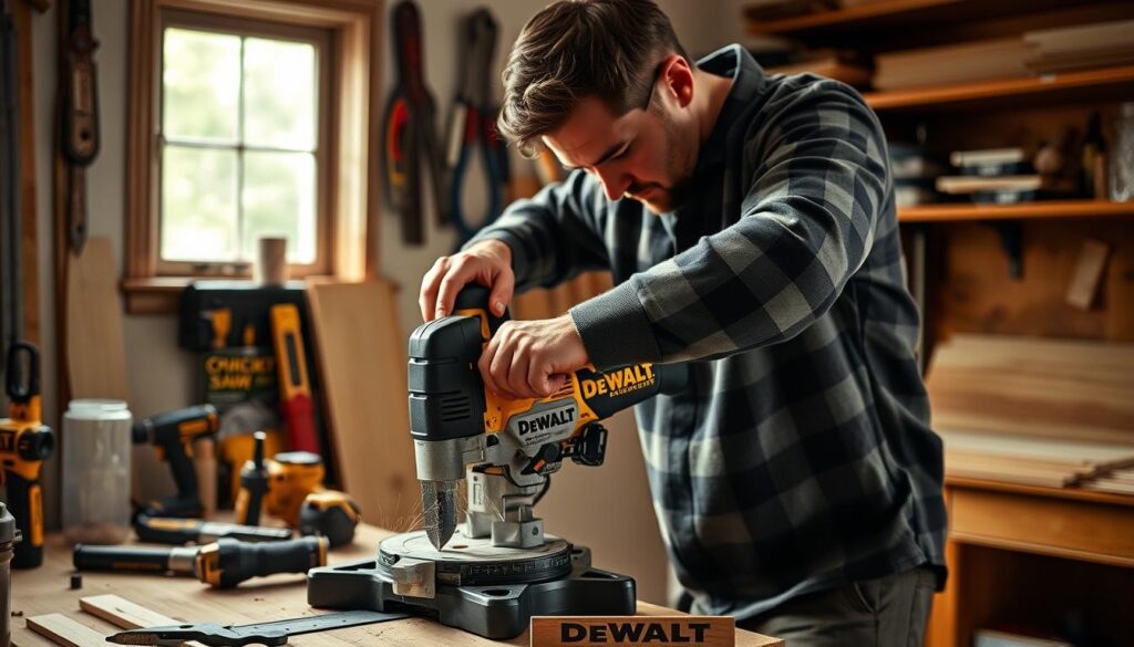A well-lit home workshop setting, a Dewalt Quickie Saw in use by a skilled DIY enthusiast, cutting through a piece of wood effortlessly. The saw's compact, ergonomic design is highlighted as the user guides it with precision, surrounded by various home improvement tools and materials. The scene conveys the saw's power and versatility, ideal for a range of projects from trimming baseboards to cutting plywood for a new shelving unit. A sense of focused concentration and productivity permeates the image, reflecting the Quickie Saw's suitability as a go-to tool for tackling diverse home improvement tasks.