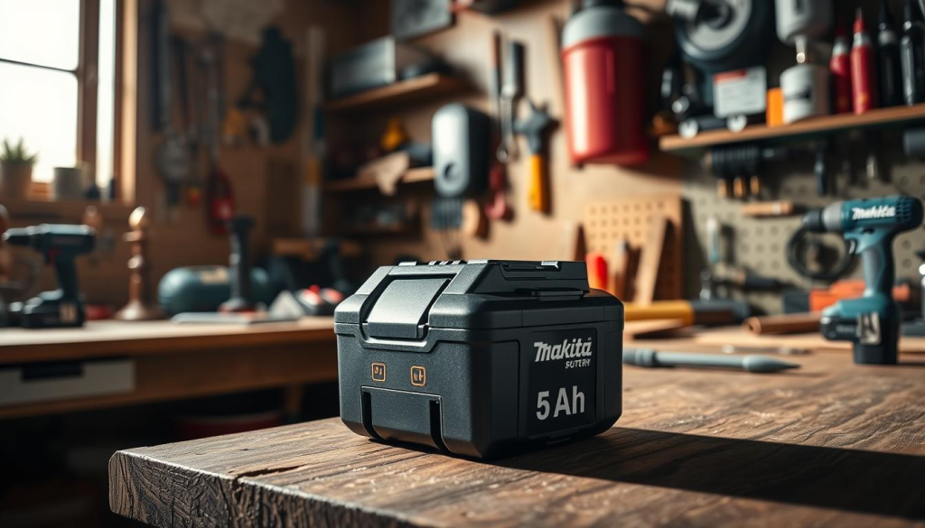 A well-lit home workshop setting with a Makita 5Ah battery prominently displayed on a wooden workbench. The battery is shown from a low angle, casting dramatic shadows and highlighting its sleek, industrial design. In the background, various power tools and DIY supplies are neatly arranged, conveying a sense of organization and productivity. The overall mood is one of professional-grade power and capability, suitable for a high-performance power tool battery.