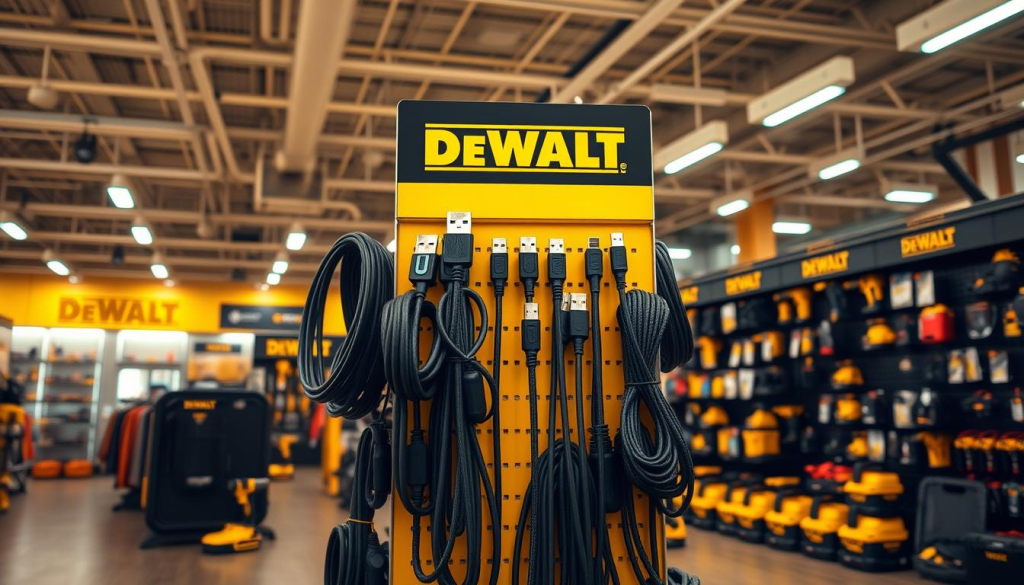 A well-lit indoor retail space, with a DEWALT-branded display stand prominently featuring a variety of USB-C cables. The cables are neatly arranged, showcasing their sturdy construction and high-quality design. The lighting is warm and inviting, creating a professional, authoritative atmosphere. The display is surrounded by other DEWALT power tools and accessories, subtly highlighting the brand's reputation for durability and reliability. The camera angle is slightly elevated, capturing the entirety of the display and its surrounding environment, allowing the viewer to fully immerse themselves in the scene.
