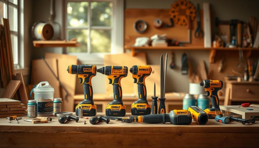 A well-lit indoor setting showcasing a neatly arranged DEWALT Kids Tool Set on a wooden workbench. The tools are meticulously displayed, with the iconic DEWALT branding prominently visible. The workshop-like environment is adorned with various DIY project materials, such as scraps of wood, paint cans, and small hand tools, creating an atmosphere of creativity and exploration. Soft natural lighting filters in through a nearby window, casting a warm glow over the scene and highlighting the high-quality construction and durability of the DEWALT tools. The overall composition conveys the versatility and potential of these tools to nurture a child's passion for hands-on projects and DIY endeavors.