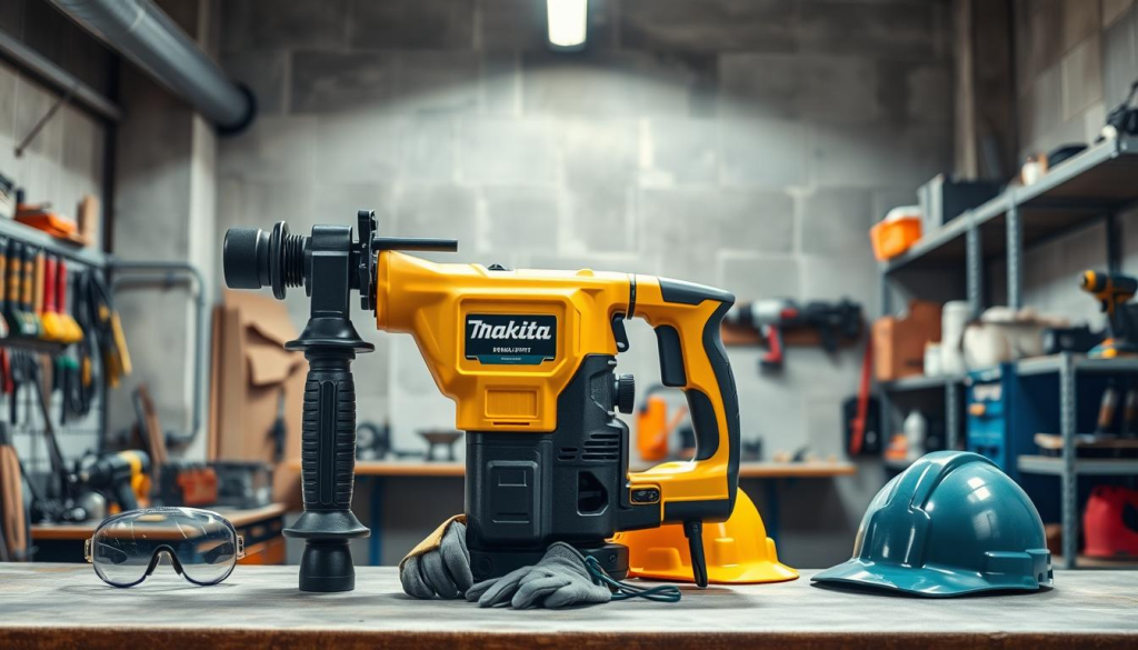 A well-lit industrial workshop setting with a Makita demolition jackhammer prominently displayed in the foreground. The jackhammer is positioned on a sturdy workbench, its yellow and black color scheme standing out against the neutral tones of the background. Safety equipment such as protective goggles, gloves, and a hard hat are carefully arranged next to the tool, conveying the importance of proper safety protocols. The lighting is bright and evenly distributed, creating a sense of clarity and focus on the subject matter. In the middle ground, various power tools and workshop accessories are neatly organized, hinting at the broader context of a professional demolition workspace. The background features concrete walls and industrial-style shelving, further emphasizing the utilitarian nature of the environment. The overall mood is one of efficiency, precision, and a commitment to workplace safety.