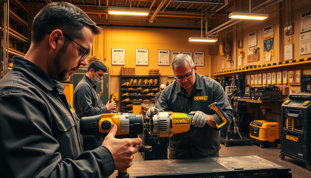 A well-lit, industrial workshop showcasing DEWALT's rigorous tool testing and quality assurance protocols. In the foreground, a team of engineers meticulously inspecting a DEWALT power tool, examining its components and stress-testing its performance. Midground, rows of testing equipment and specialized machinery, capturing data and simulating real-world usage. In the background, shelves of DEWALT tools and a wall of certifications, conveying the brand's commitment to excellence. Warm, directional lighting illuminates the scene, creating a sense of precision and professionalism. The overall atmosphere exudes the DEWALT ethos of unwavering quality and reliability.