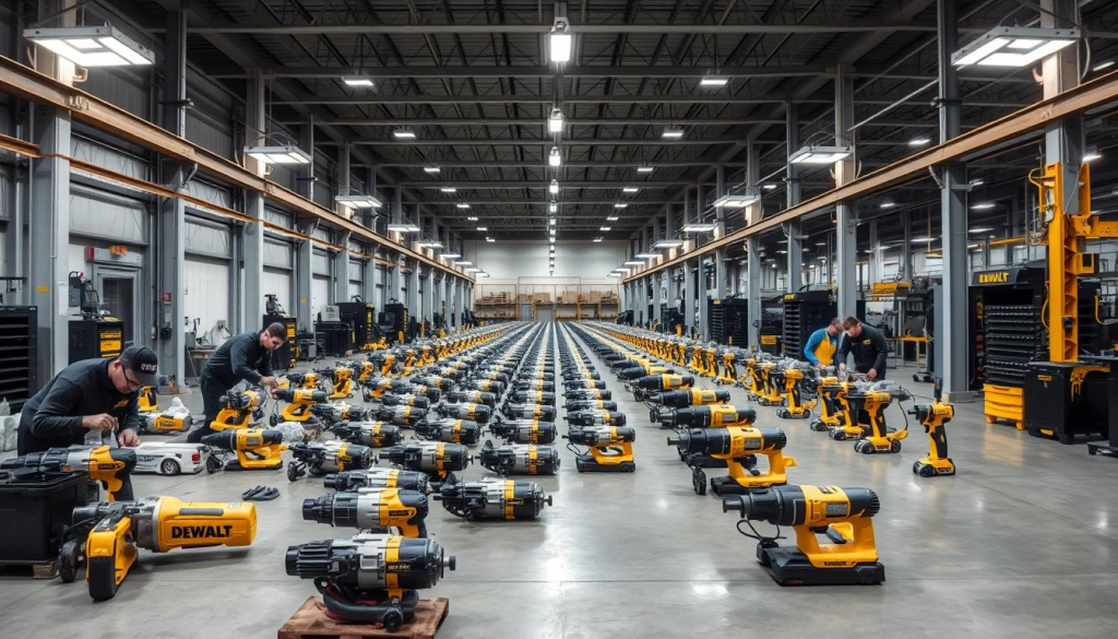 A well-lit, large industrial workshop with high ceilings, concrete floors, and metallic accents. In the foreground, a team of skilled DEWALT technicians meticulously assembling a variety of power tools on a long, organized assembly line. The tools are positioned in various stages of construction, with workers focused on specific tasks like installing motors, attaching housings, and testing functionality. The middle ground features rows of gleaming, newly assembled tools awaiting packaging and shipping. In the background, a panoramic view of the expansive facility, showcasing the scale and efficiency of the DEWALT manufacturing process.