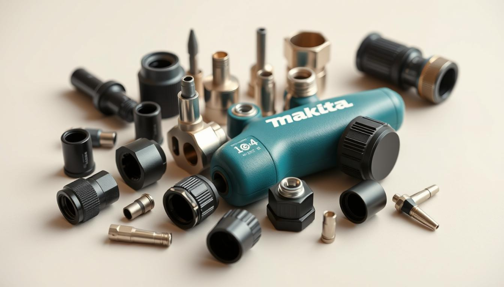 A well-lit, meticulously detailed close-up photograph of an assortment of Makita inflator accessories, including a variety of nozzles, adaptors, and connectors, artfully arranged on a clean, neutral-colored surface. The accessories are rendered in high resolution, showcasing their sleek, durable construction and premium finishes. The lighting is soft and natural, accentuating the product's textures and colors. The composition draws the viewer's eye to the key features and highlights the versatility and functionality of the Makita inflator accessories.