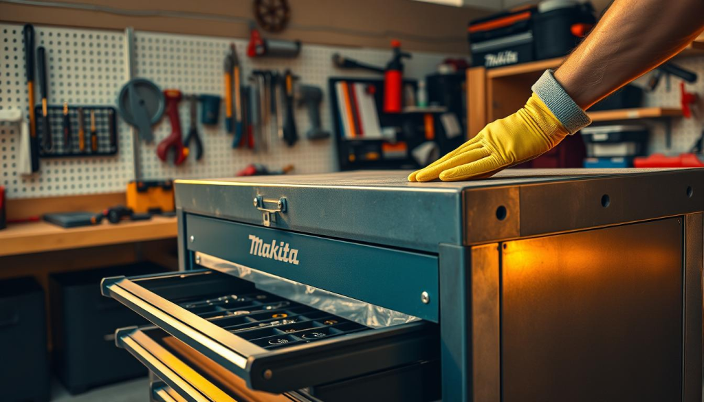 A well-lit, meticulously detailed workshop scene showcasing the maintenance of a sturdy Makita tool chest. In the foreground, a pair of gloved hands carefully polishing the metal surface, accentuating its sleek, durable design. The mid-ground features open drawers displaying neatly organized tools, while the background depicts a clean, organized workspace with a pegboard, shelves, and various workshop accessories. The lighting is warm and directional, casting dramatic shadows that highlight the chest's angular, functional aesthetics. The overall mood conveys a sense of precision, care, and the pride of maintaining a high-quality, long-lasting storage solution.