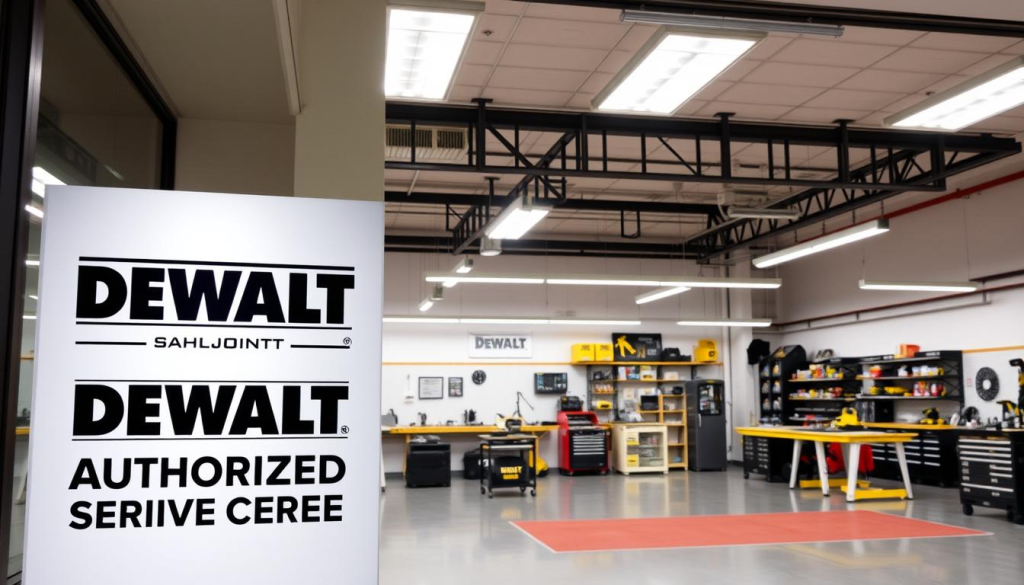 A well-lit, modern DEWALT authorized service center with a professional, welcoming atmosphere. In the foreground, a large sign with the DEWALT logo prominently displayed, framed by a clean, minimalist storefront. The middle ground features several workbenches and tools, showcasing the center's expertise in DEWALT product repair and servicing. The background depicts a neatly organized parts and inventory area, conveying the service center's efficiency and attention to detail. The lighting is bright and uniform, highlighting the center's commitment to quality and customer satisfaction. The overall scene exudes a sense of reliability, expertise, and the trust associated with the DEWALT brand.