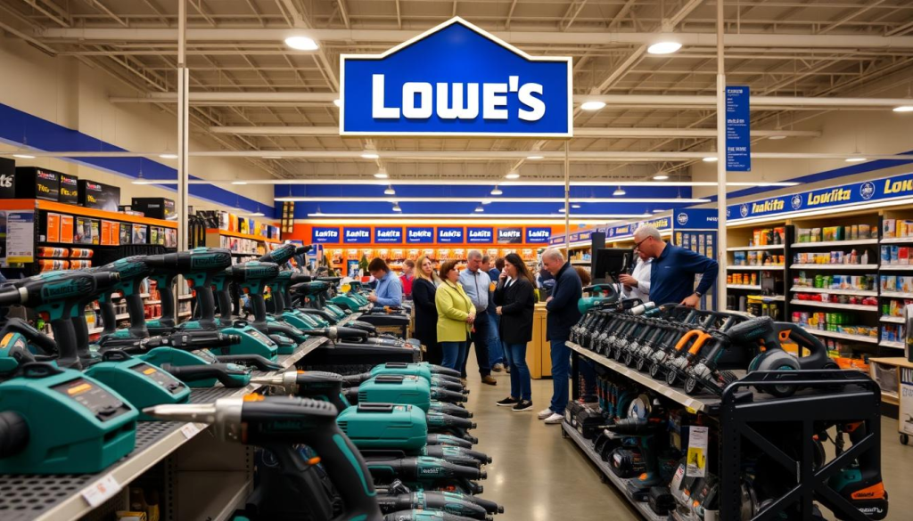 A well-lit, modern Lowe's store interior, with a prominent display of Makita power tools on the shelves. In the foreground, an assortment of Makita drills, saws, and other equipment arranged neatly, their sleek designs and vibrant green accents catching the eye. In the middle ground, customers browsing the selection, examining the tools with an air of excitement and interest. The background features the store's signature warm lighting, clean aisles, and a sense of organized efficiency, conveying the Lowe's shopping experience. The overall atmosphere is one of quality, capability, and customer-centric focus.