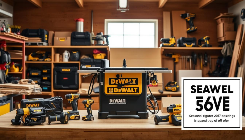 A well-lit, modern workshop interior with a DEWALT table saw prominently displayed on a workbench. The saw is surrounded by various DEWALT power tools and accessories, showcasing a range of seasonal discounts and promotional offers. The lighting casts a warm, inviting glow, highlighting the high-quality craftsmanship of the DEWALT products. The background features shelves stocked with additional DEWALT tools, creating an atmosphere of professional-grade woodworking equipment. The composition emphasizes the versatility and value of the DEWALT table saw deals, inviting the viewer to explore the seasonal savings available.