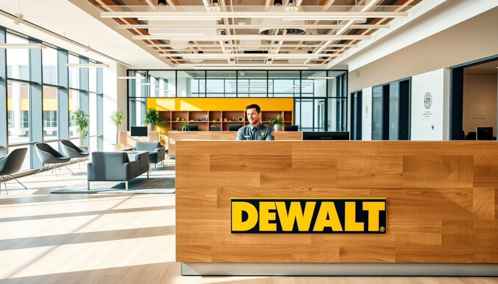 A well-lit office interior, with a DEWALT customer service desk in the foreground. The desk is made of sturdy wood, with the DEWALT logo prominently displayed. A customer service representative, dressed in a professional uniform, is seated behind the desk, ready to assist a customer. The middle ground features a modern, open-concept layout with comfortable seating areas and a sleek, minimalist design. The background showcases large windows, allowing natural light to flood the space and creating a warm, welcoming atmosphere. The overall scene conveys a sense of reliability, efficiency, and exceptional customer care, reflecting the DEWALT brand's commitment to quality and service.